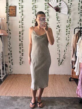 Vintage 90s Gantos slip dress with a soft sage green micro floral print